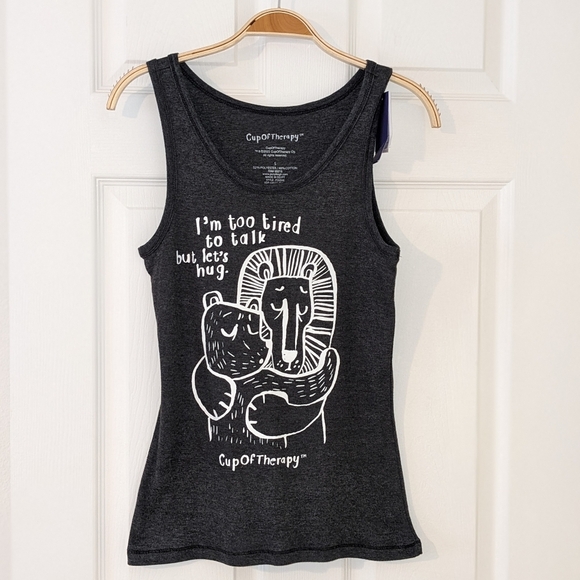 Cup Of Therapy: "I'm Too Tired To Talk Let's Hug" Tank-Top Women Small Gray NWT - Picture 1 of 7